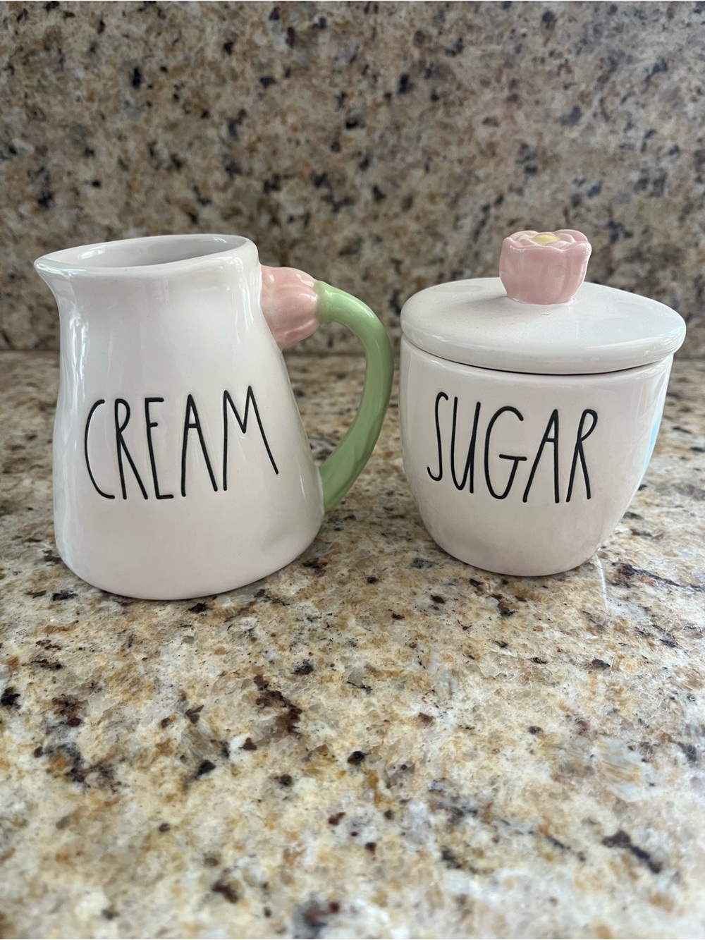 Rae Dunn White Ceramic Cream & Sugar Set with Pink Flower and Green Handle